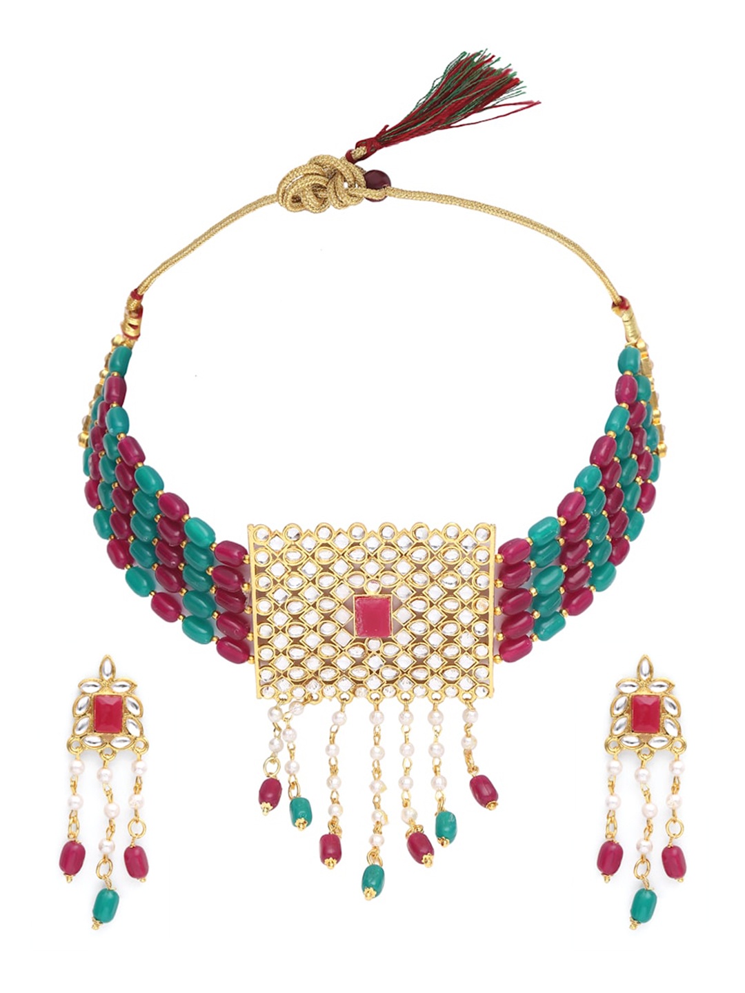 

Dhrohar Gold-Plated Red & Green Stone-Studded Jewellery Set