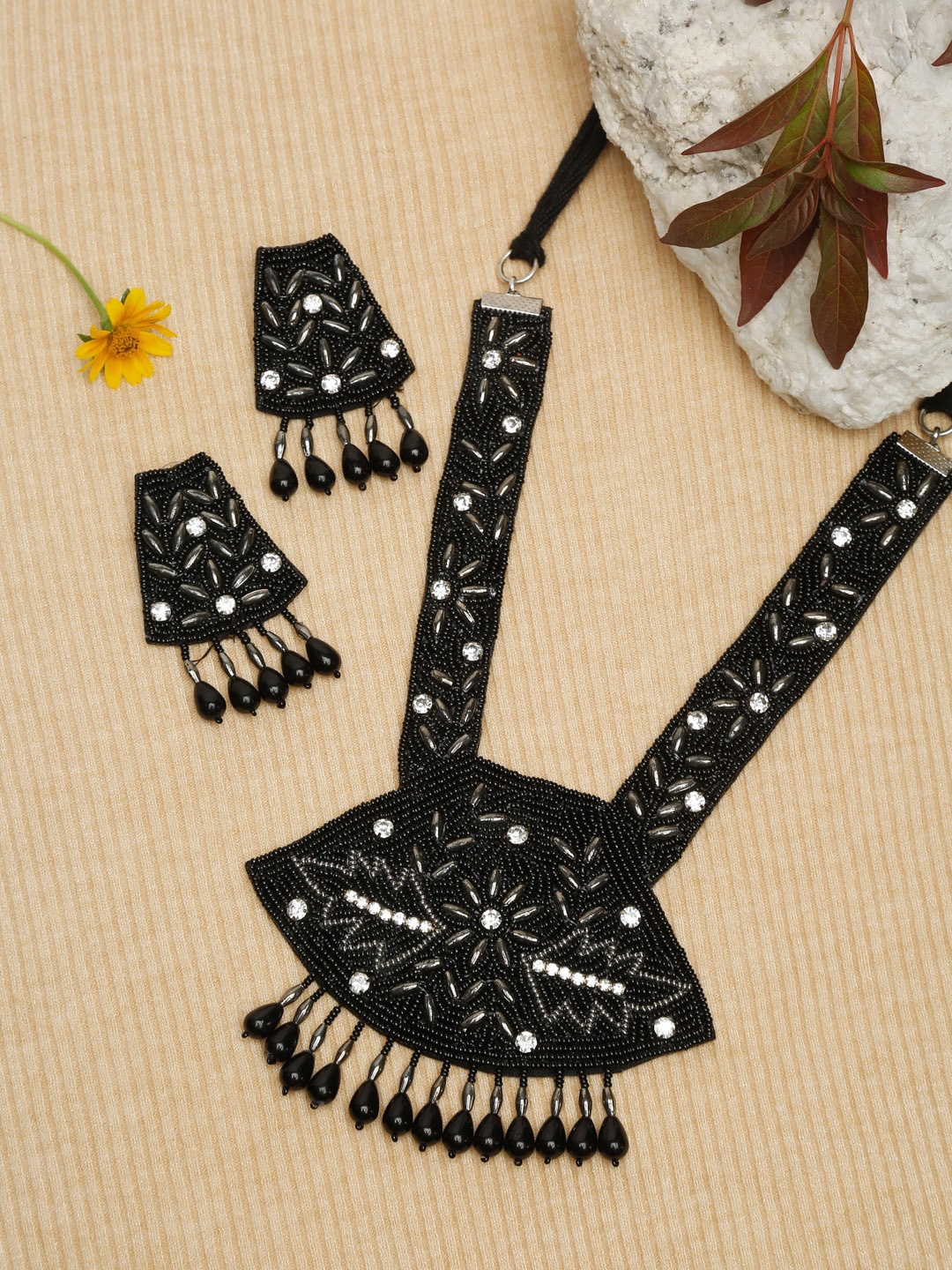 

Dhrohar Black & White Stone Studded & Beaded Statement Jewellery Set
