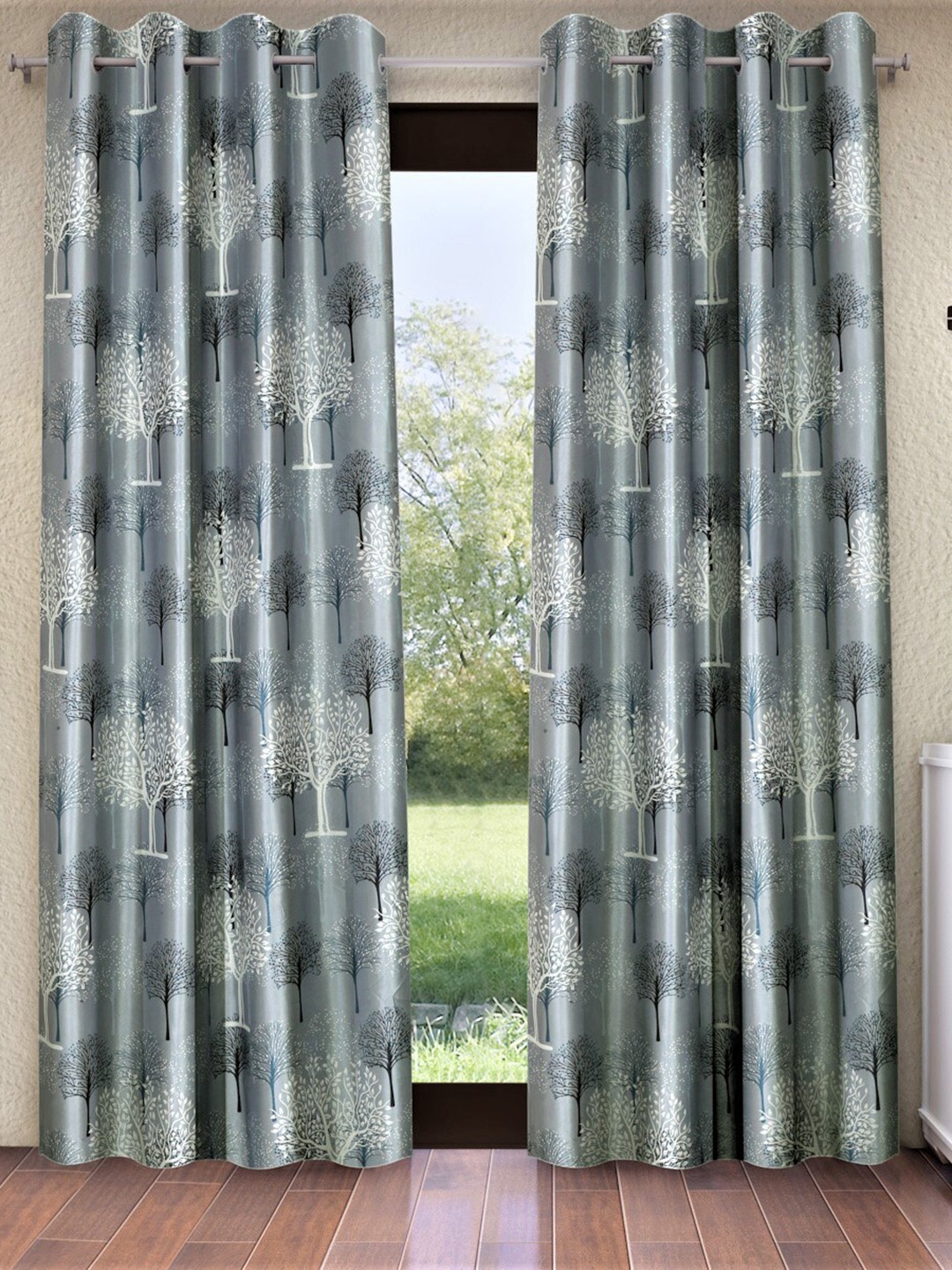 Home Sizzler Grey & White Set of 2 Floral Door Curtain