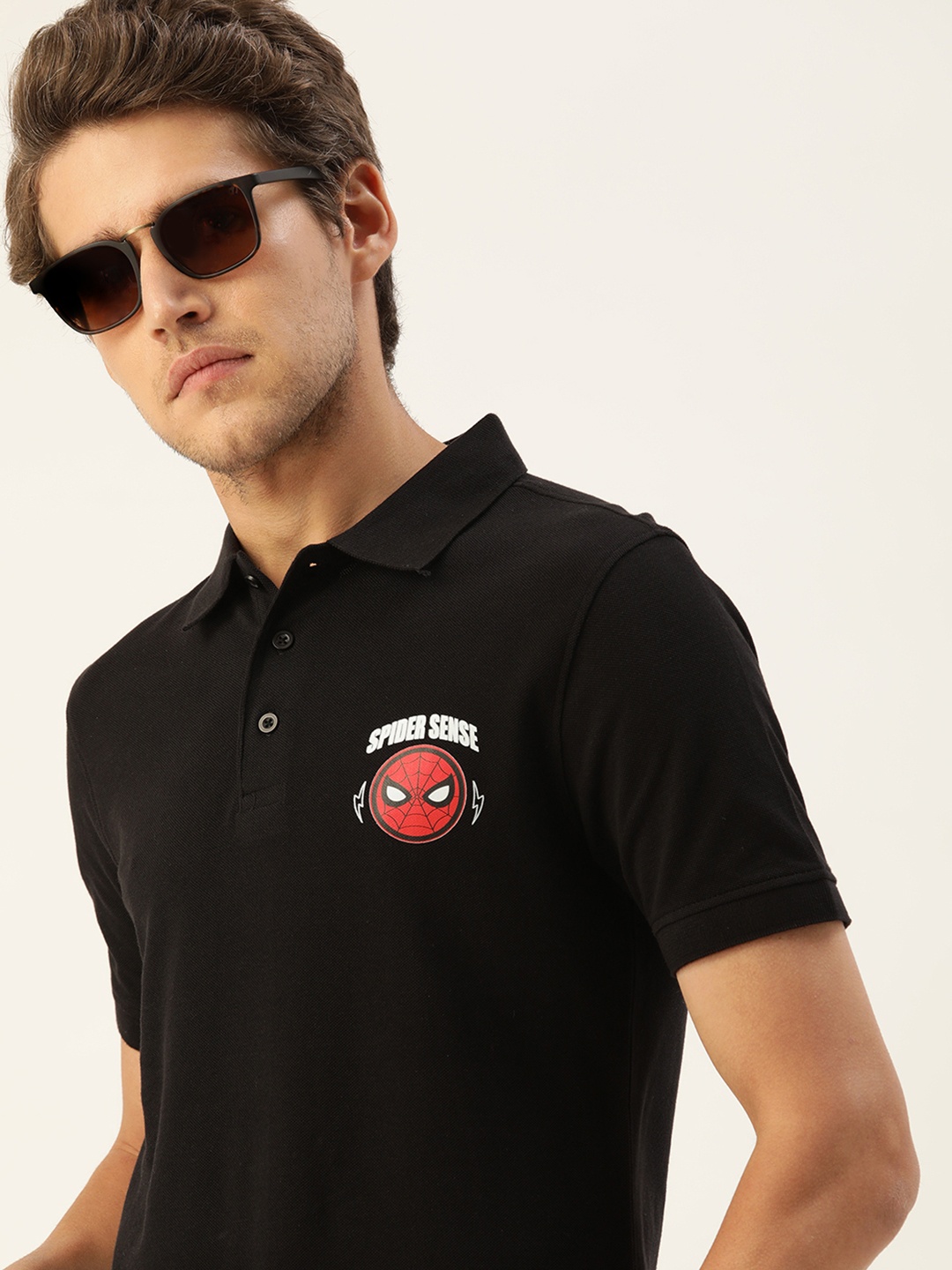 

Kook N Keech Marvel Men Black Printed Polo Collar Pure Cotton T-shirt