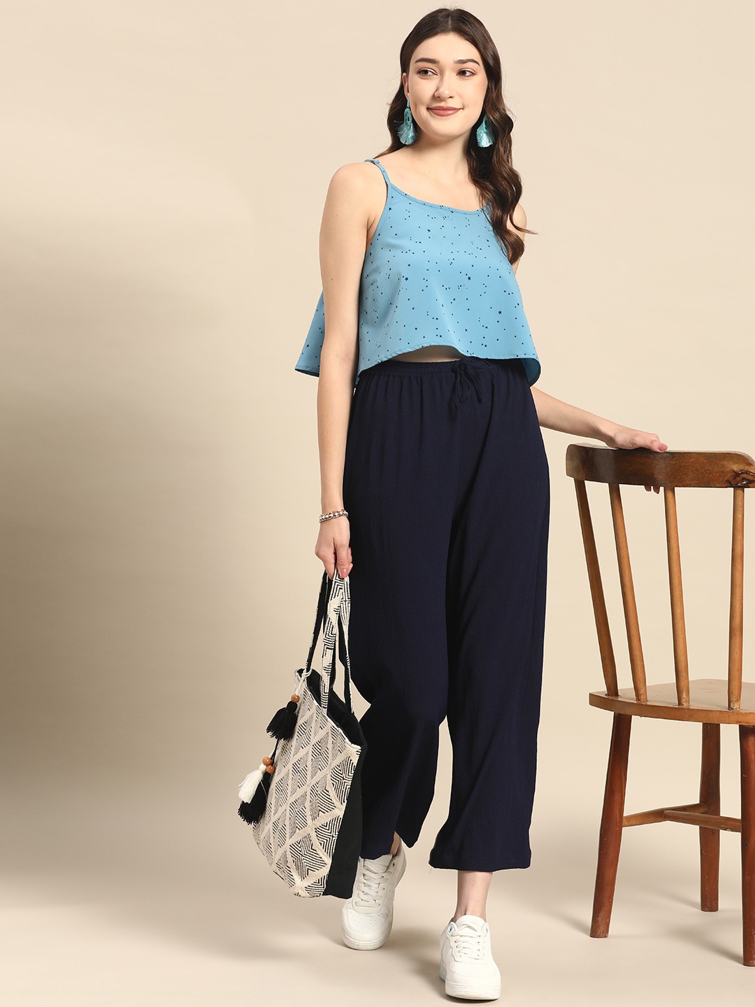 

Sangria Blue Printed Polyester Top With Palazzos