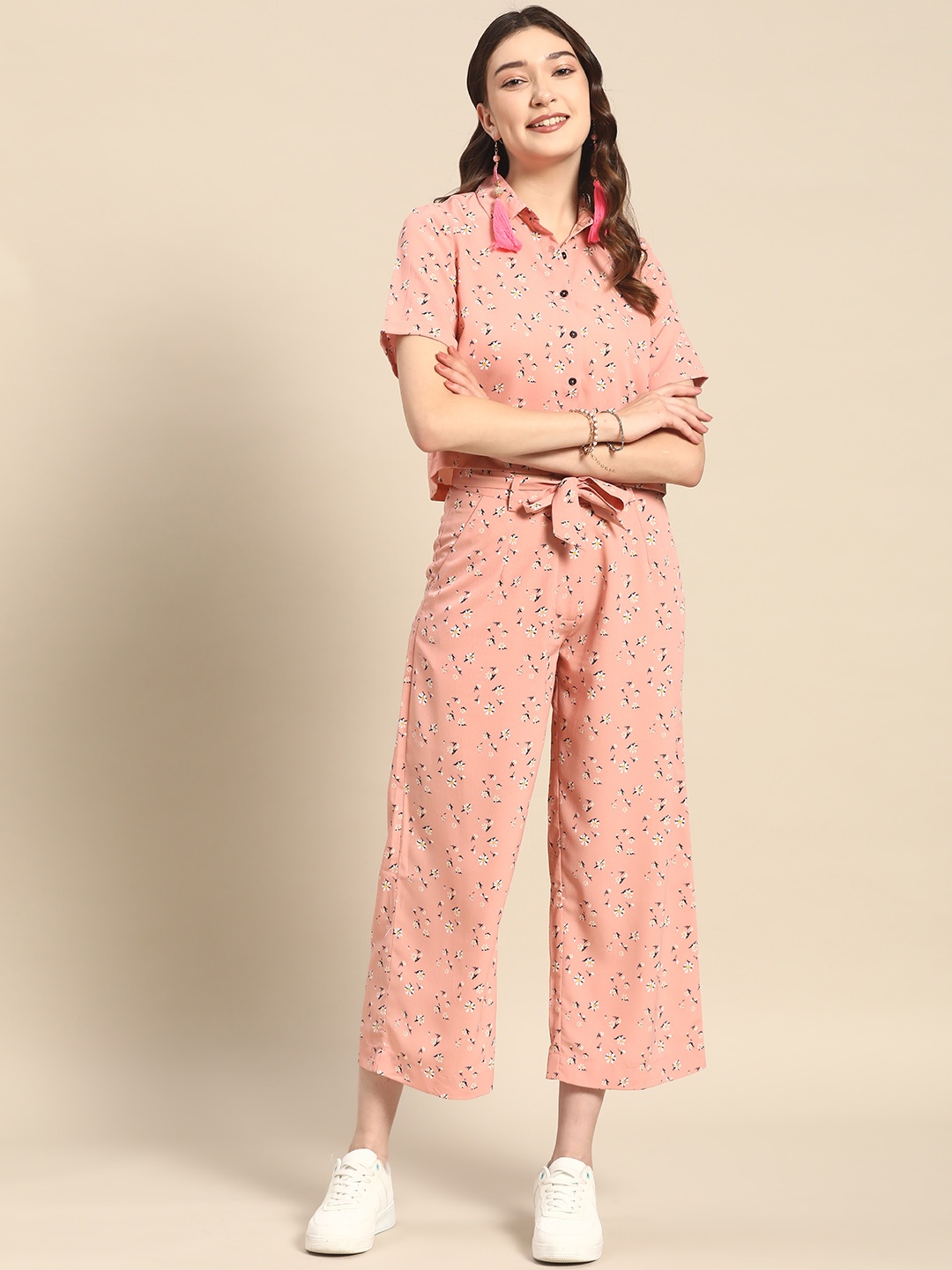 

Sangria Blue Printed Polyester Shirt With Palazzos, Pink