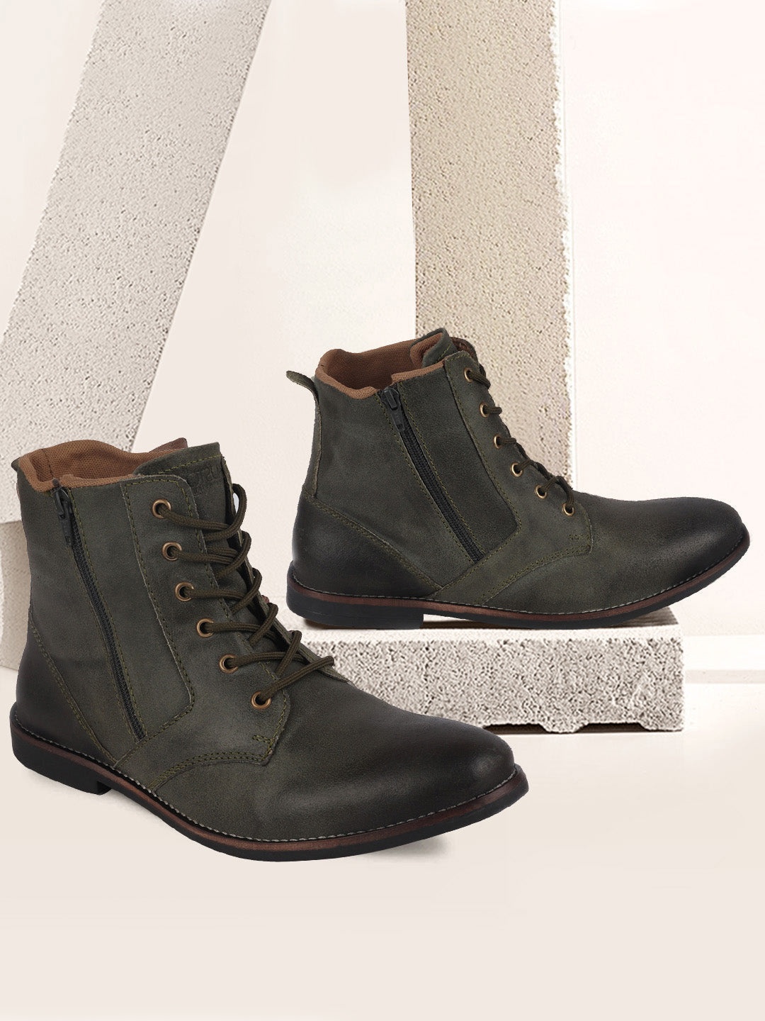 

FAUSTO Men Olive Green Solid Leather Boots