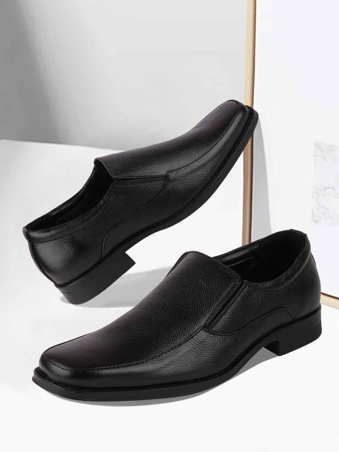 

FAUSTO Men Black Solid Leather Formal Slip-On Shoes