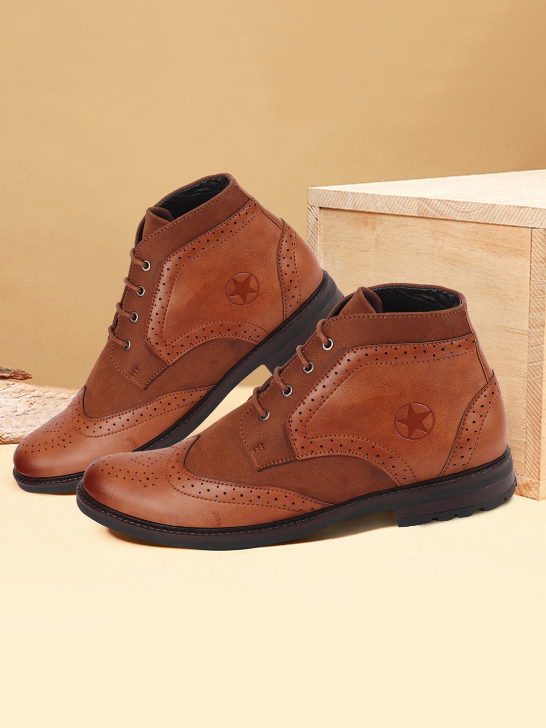 

FAUSTO Men Tan Brown Perforated Wingtip Mid-Top Boots