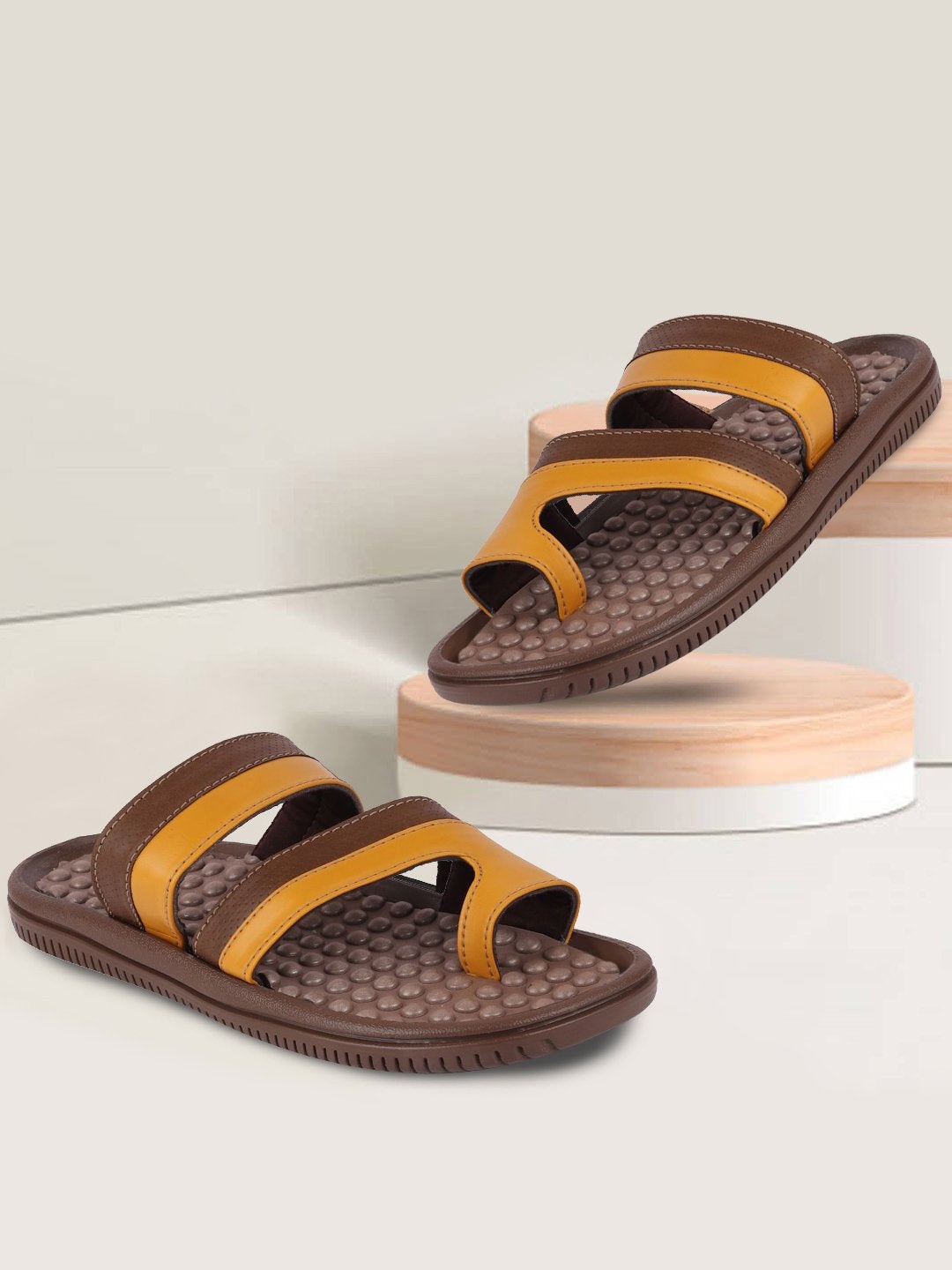 

FAUSTO Men Brown & Yellow Comfort Sandals
