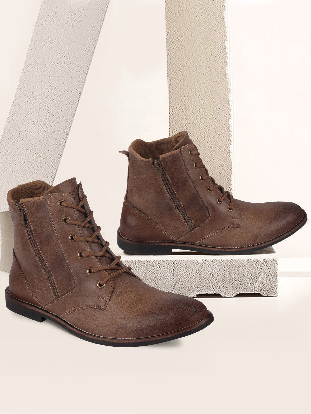 

FAUSTO Men Brown Solid Lace Up Leather Zipper Boots