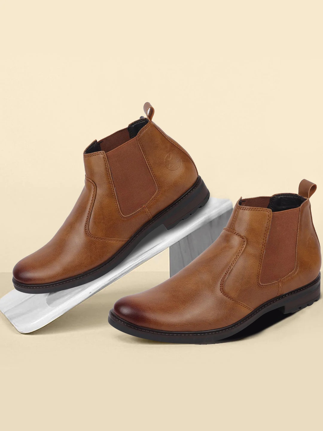 

FAUSTO Men Tan Brown Solid Mid Top Chelsea Boots