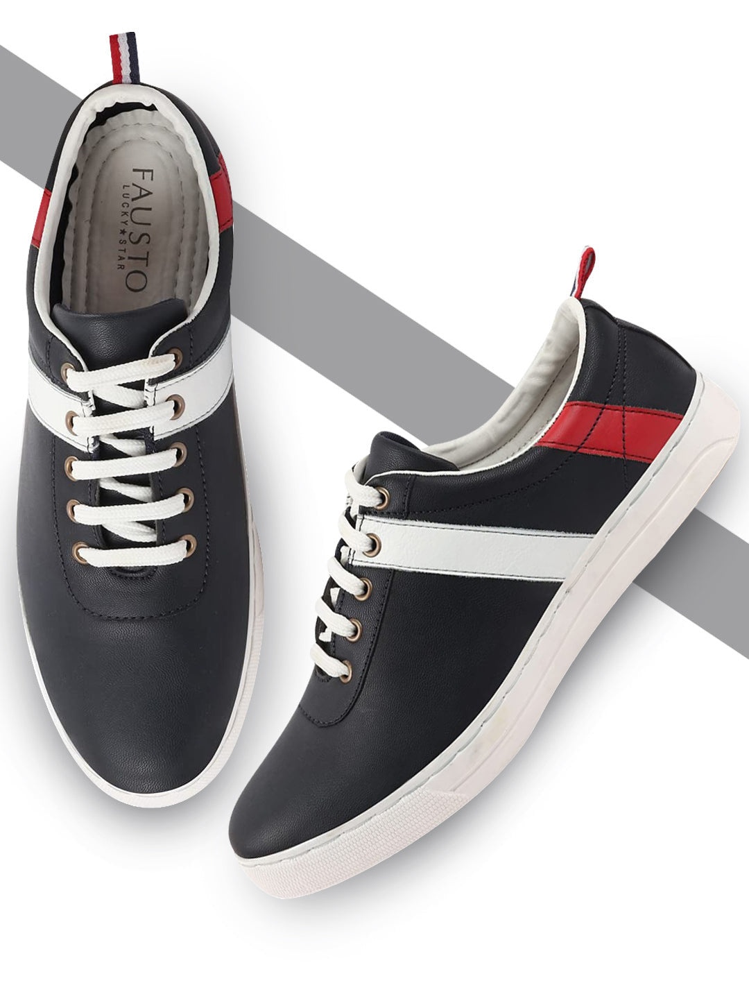 

FAUSTO Men Navy Blue Striped PU Sneakers