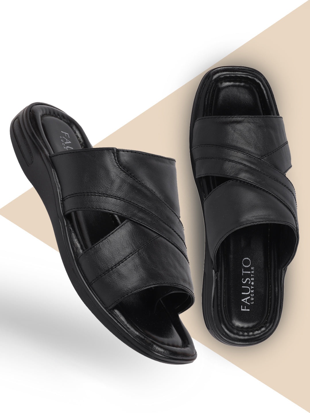 

FAUSTO Men Black Leather Lightweight Comfort Sandals