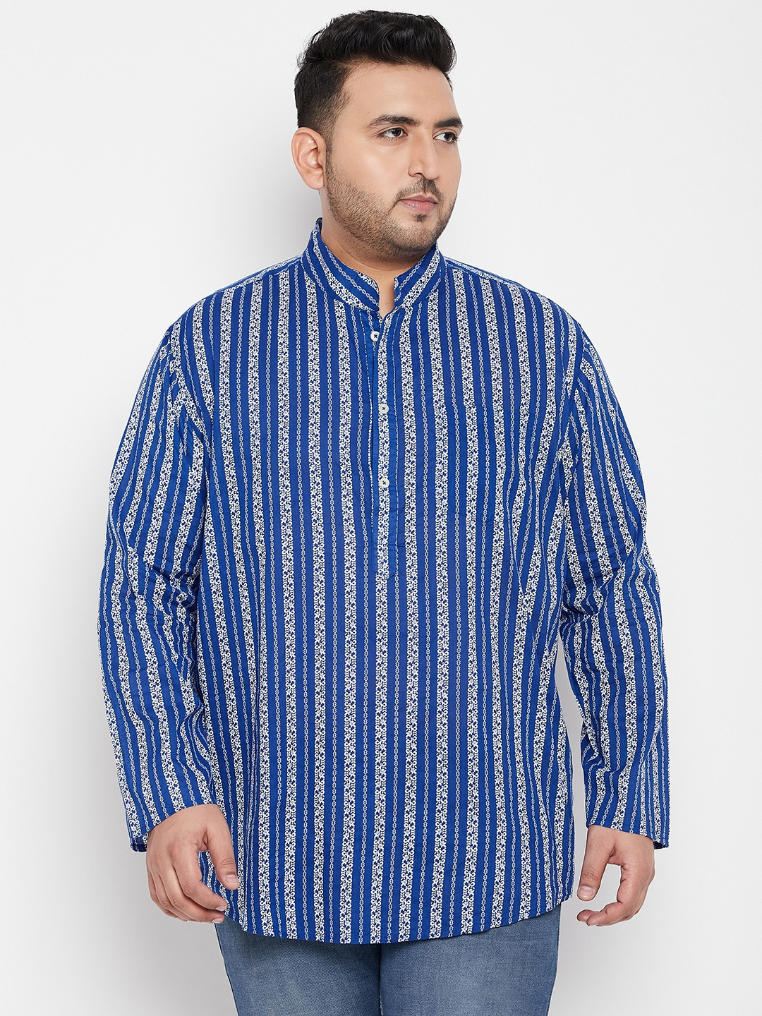 

bigbanana Plus Size Mandarin Collar Printed Regular Fit Long Sleeves Pure Cotton Kurta, Blue