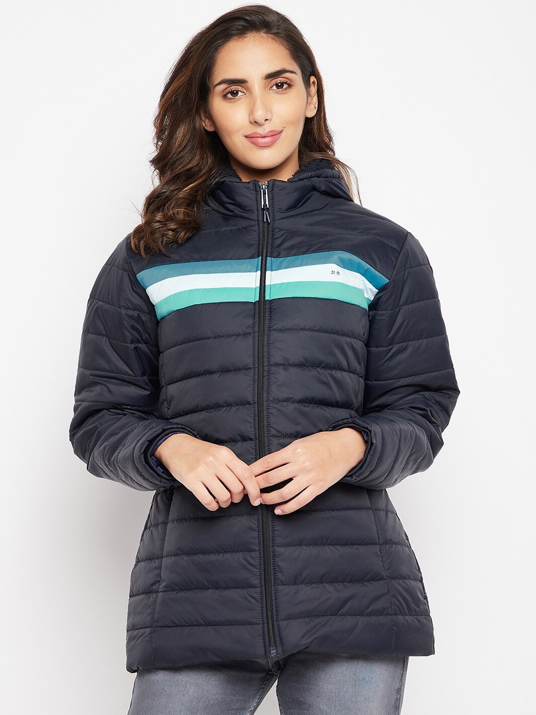 

Okane Women Navy Blue Striped Lightweight Longline Puffer Jacket