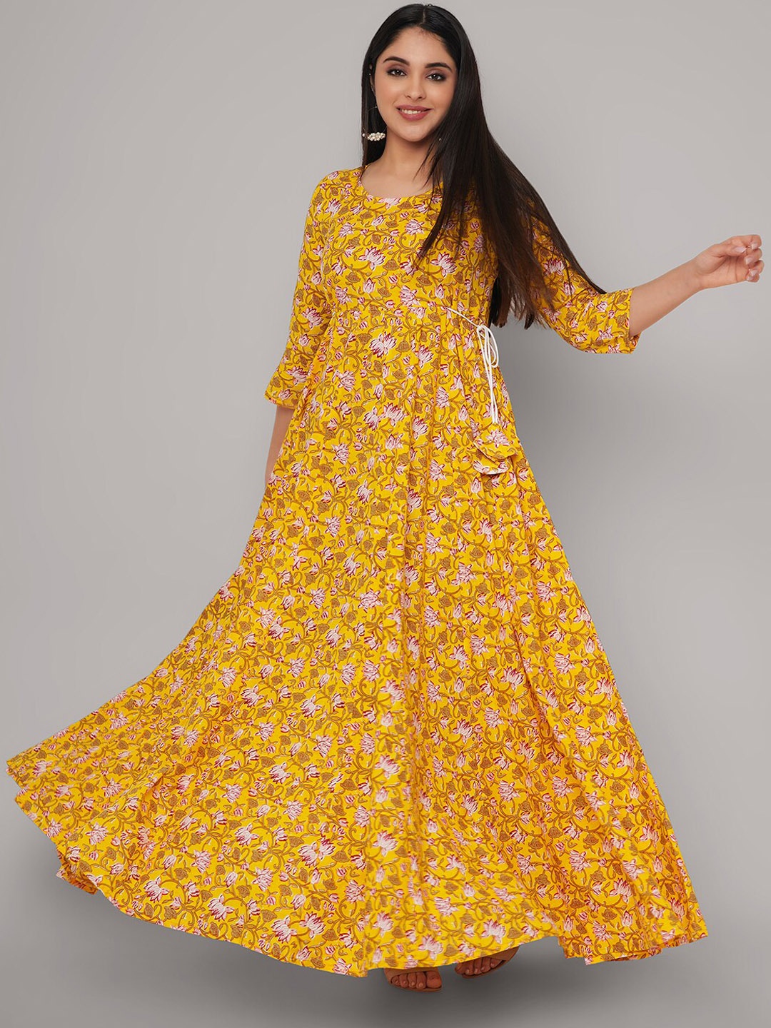 

Sanganeri Kurti Women Yellow Floral Printed Anarkali Kurta