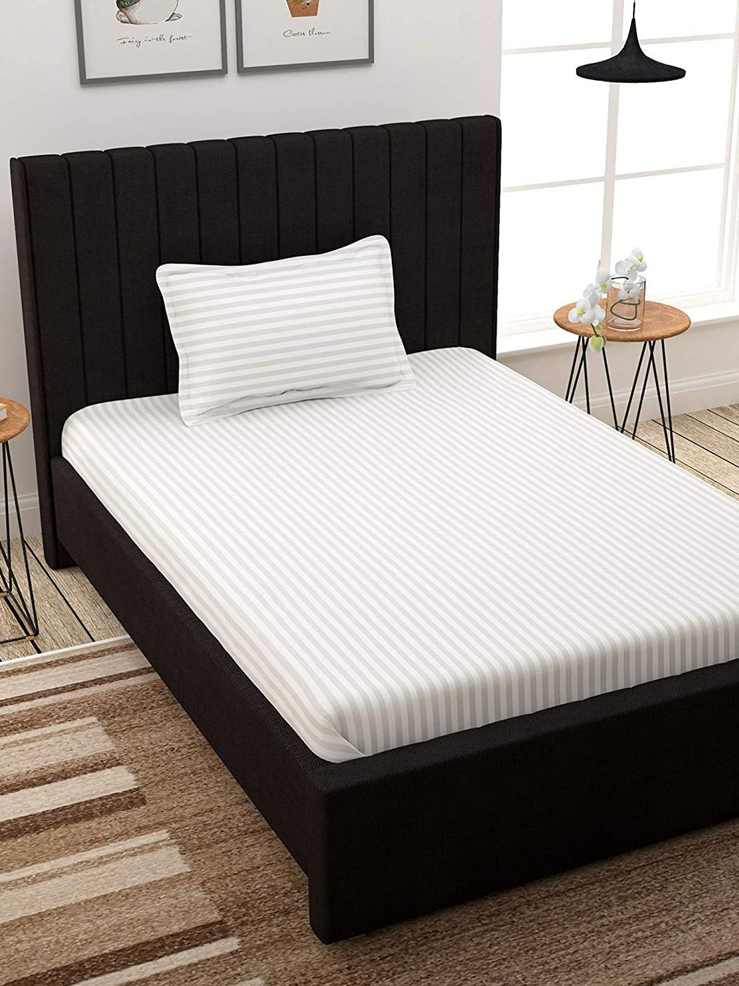 

EverHOME White Striped 210 TC Cotton Single Bedsheet with 2 Pillow Covers