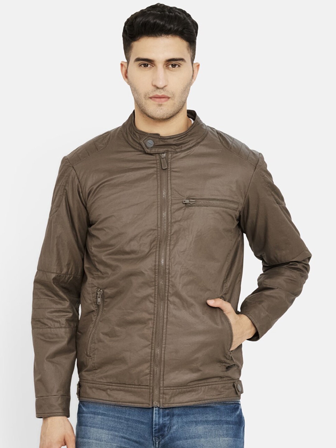 

Duke Men Brown Solid Nylon Long Sleeves Bomber Jacket