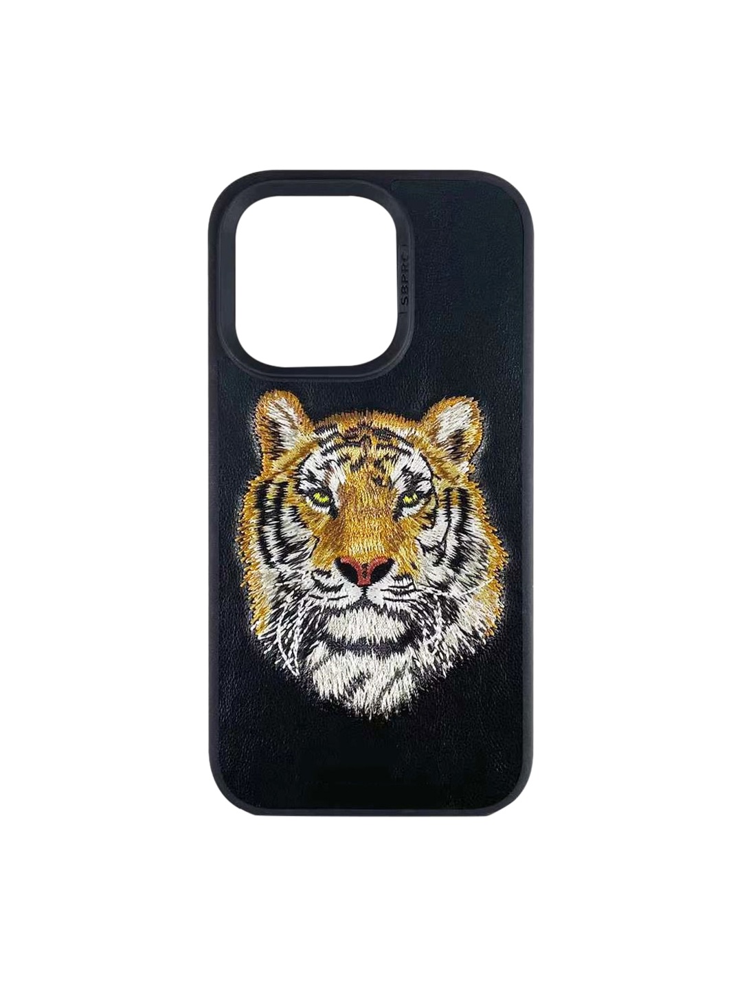 

TREEMODA Black Leather Tiger Embroidered Apple iPhone 14 Pro 3D Back Case