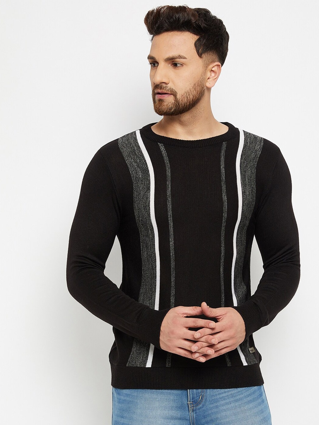 

Duke Men Black & White Striped Striped Pullover