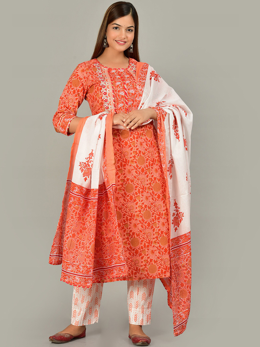 

KALINI Women Orange & White Floral Printed Pure Cotton Kurta with Trousers & Dupatta