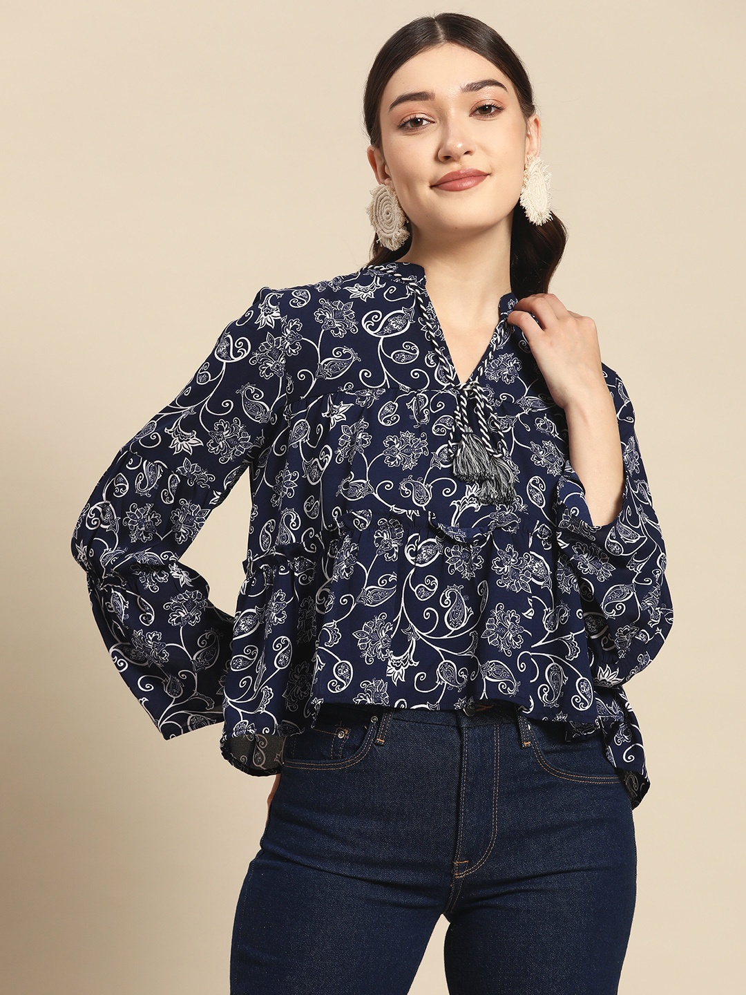 

Sangria Navy Blue Print Mandarin Collar Crepe Tiered Top