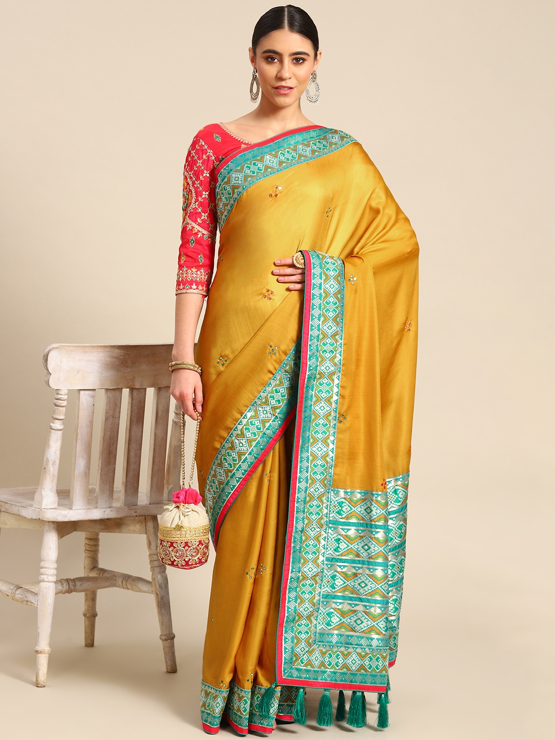 

all about you Mustard Ethnic Motifs Pure Silk Banarasi Saree