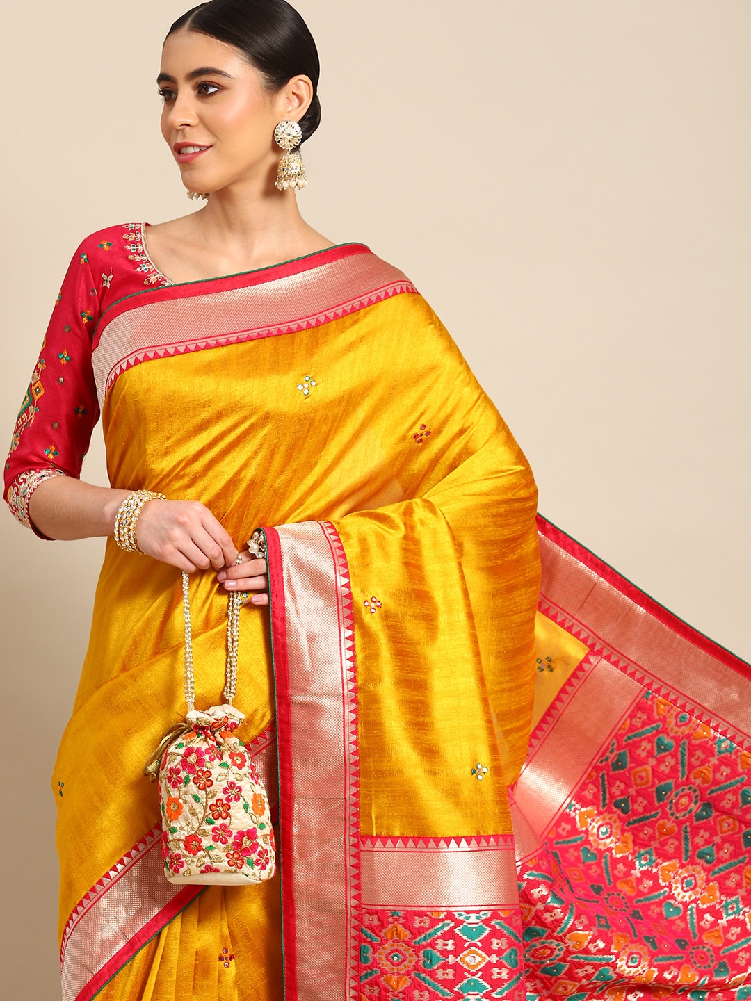 

all about you Mustard Ethnic Motifs Pure Silk Banarasi Saree