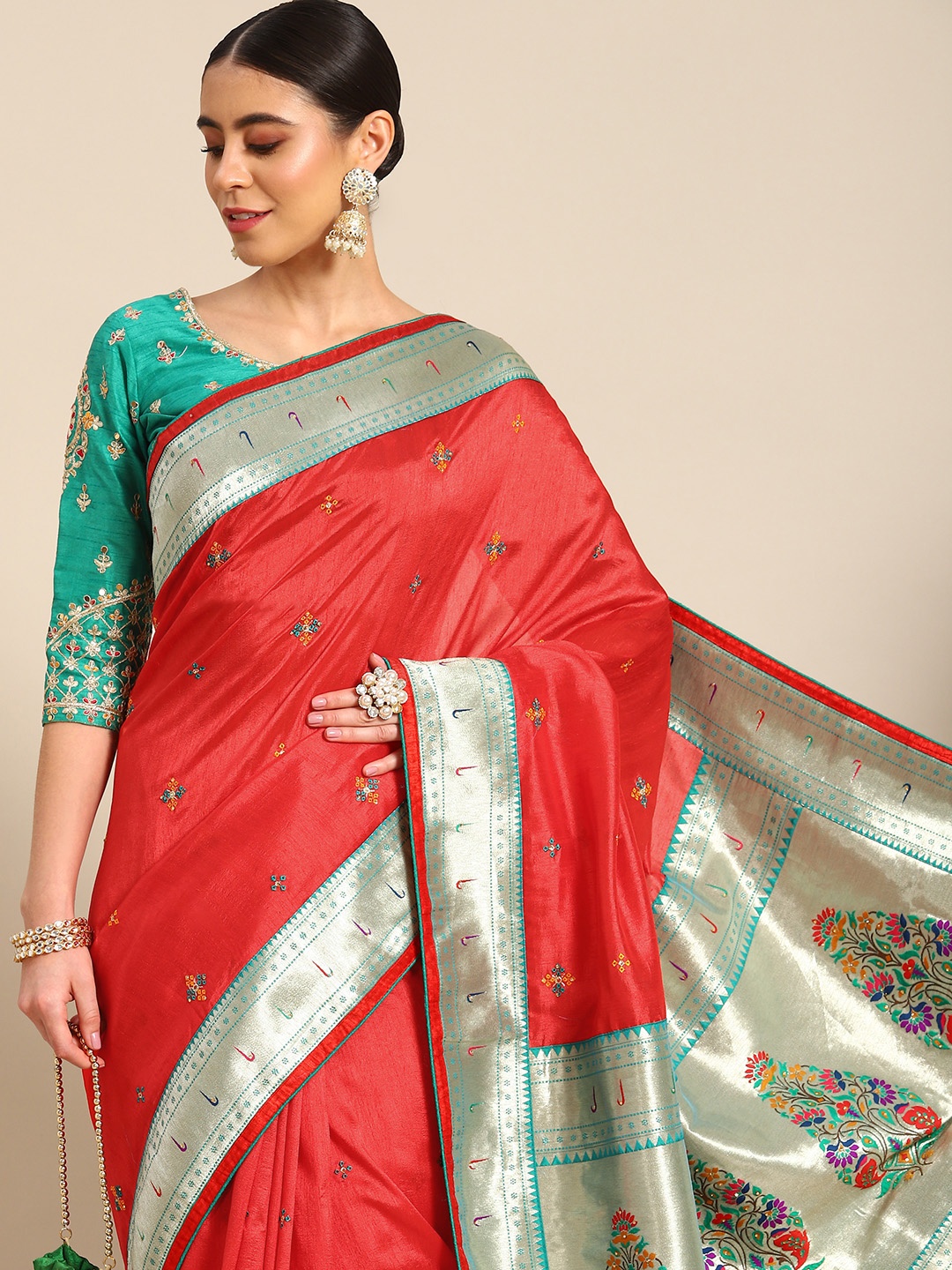 

all about you Red & Green Ethnic Motifs Pure Silk Banarasi Saree