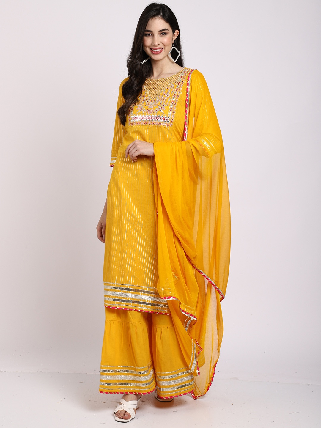 

Rajnandini Women Yellow Embroidered Gotta Patti Pure Cotton Kurta with Sharara & With Dupatta