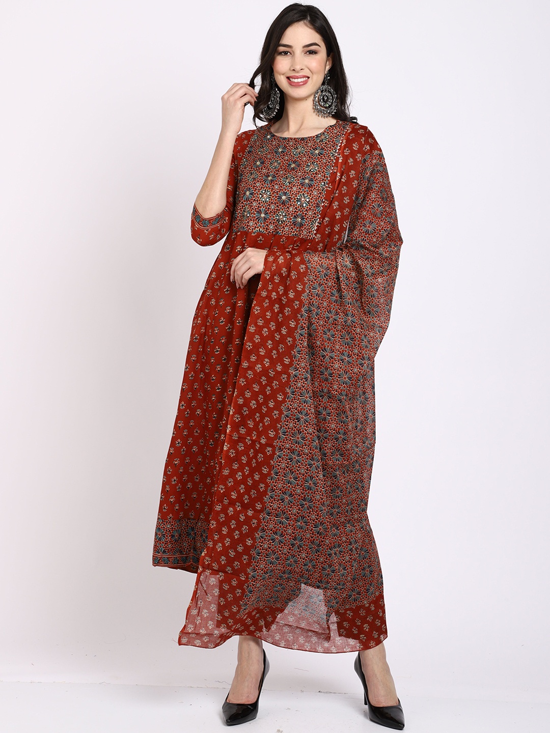 

Rajnandini Women Maroon Ethnic Motifs Embroidered Gotta Patti Pure Cotton Kurta with Trousers & With Dupatta