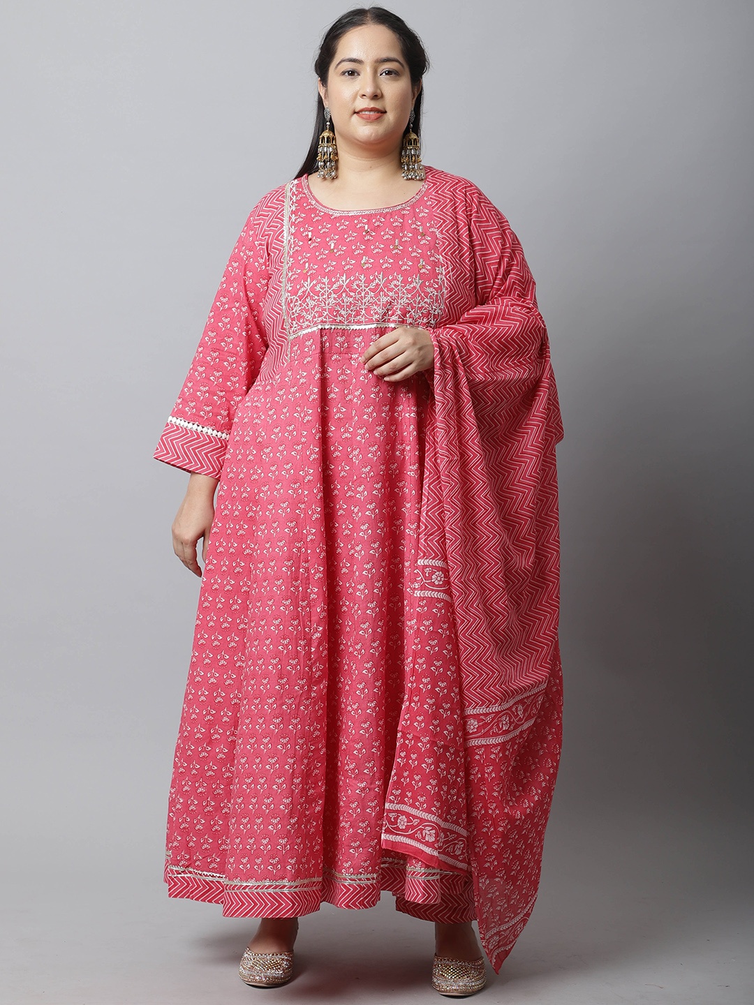 

Rajnandini Women Plus Size Pink Floral Printed Cotton Kurta with Trousers & With Dupatta
