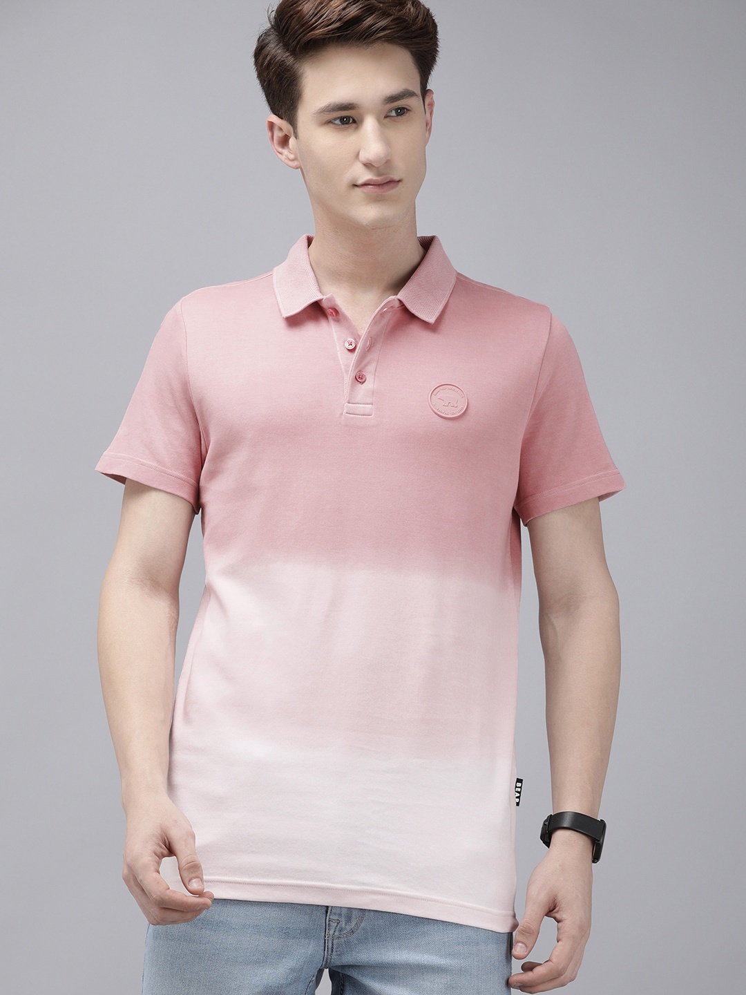 

THE BEAR HOUSE Ardor Edition Men Ombre Print Pure Cotton Polo Collar Slim Fit T-shirt, Pink