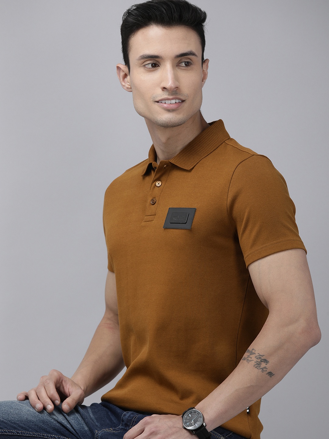 

THE BEAR HOUSE Ardor Edition Men Polo Collar Applique Slim Fit T-shirt, Brown