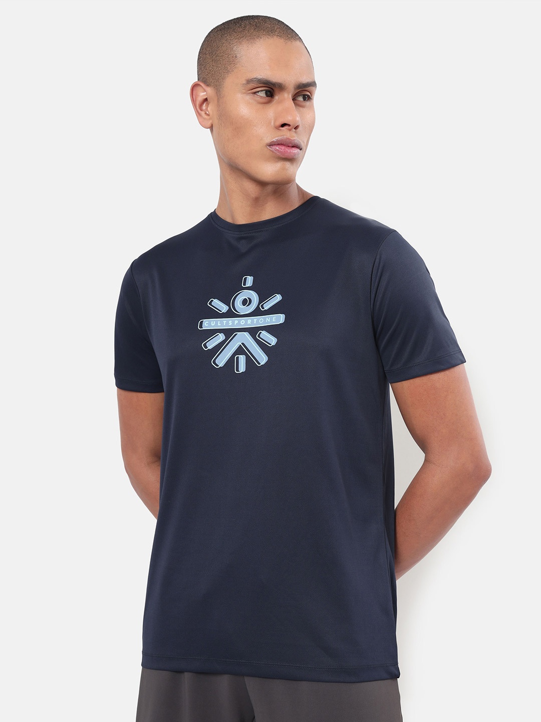 

cultsportone Men Navy Blue Graphic Printed Sports T-shirt