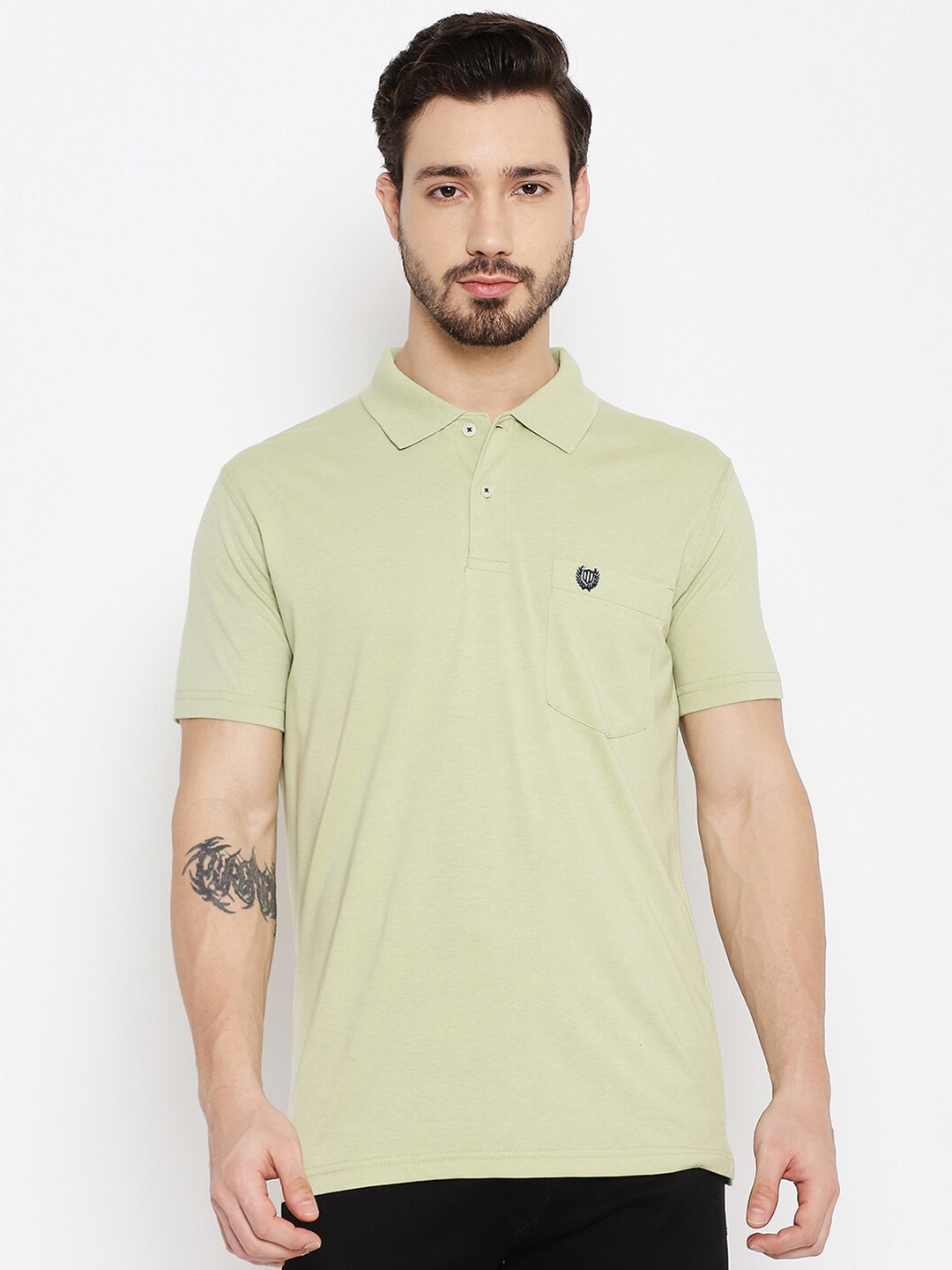 

Duke Men Beige Solid Polo Collar Cotton T-shirt