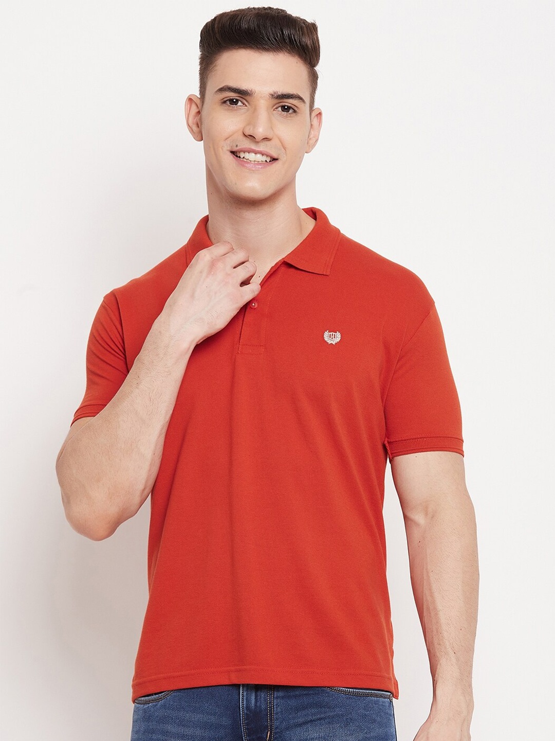 

Duke Men Orange Solid Polo Collar Slim Fit Cotton T-shirt