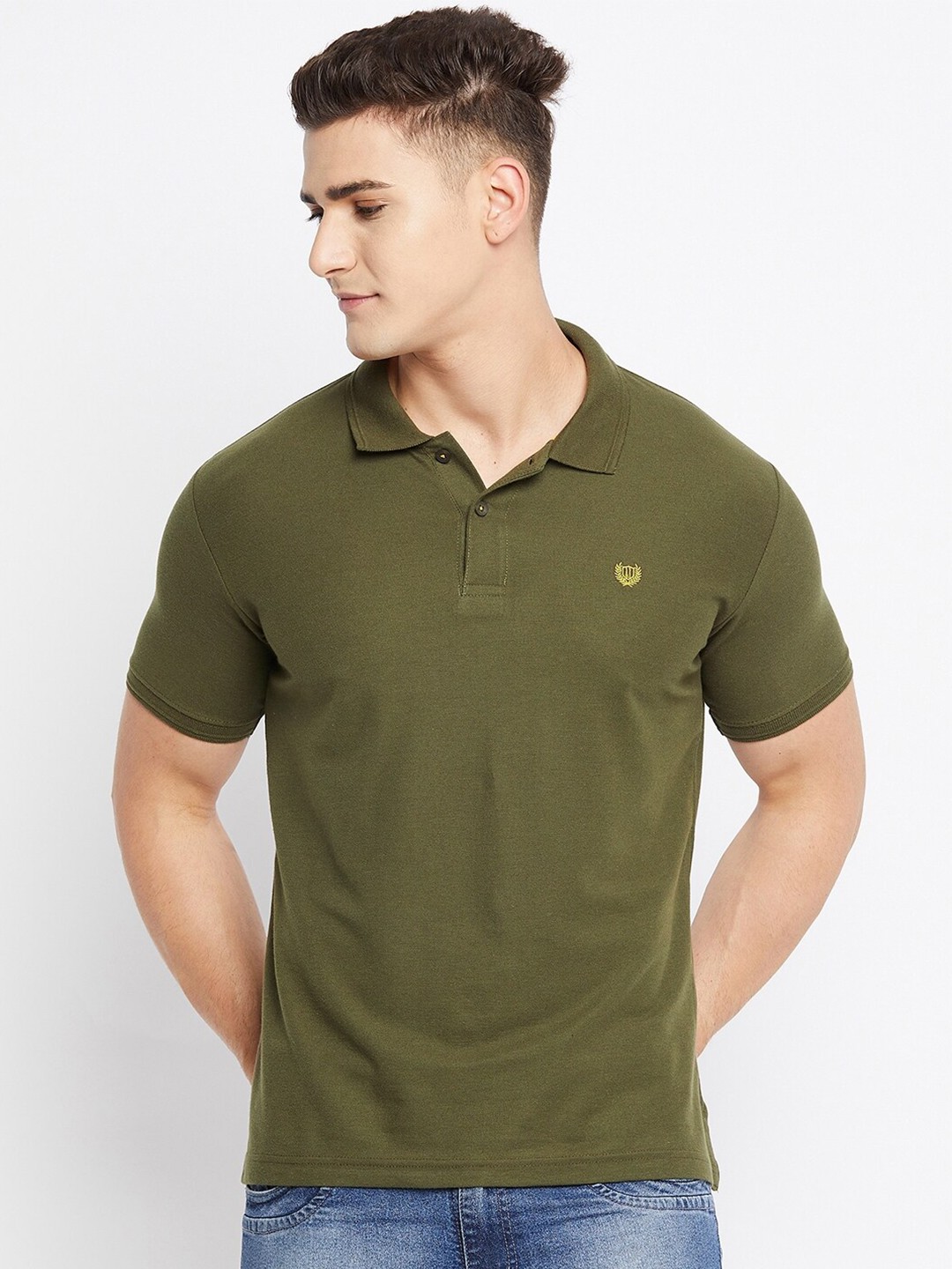 

Duke Men Olive Green Solid Polo Collar Slim Fit Cotton T-shirt
