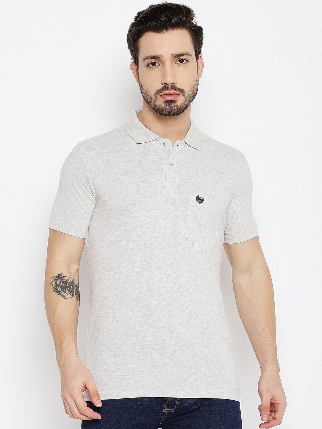 

Duke Men Grey Solid Polo Collar Cotton T-shirt