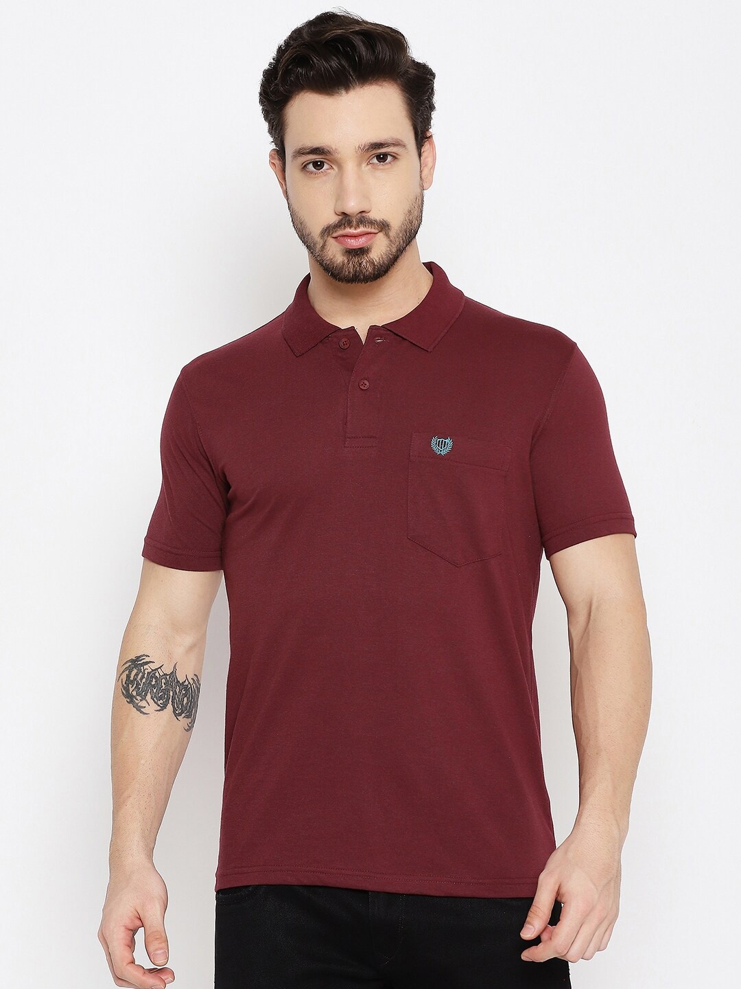 

Duke Men Maroon Solid Polo Collar Cotton T-shirt