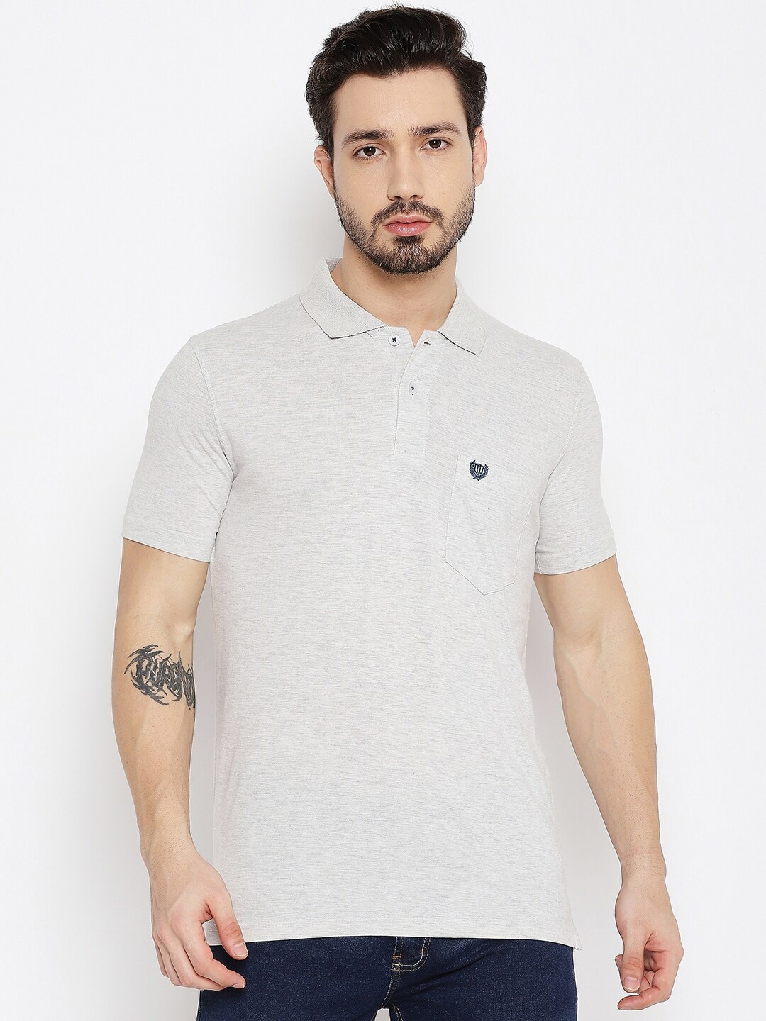 

Duke Men Grey Solid Polo Collar Cotton T-shirt