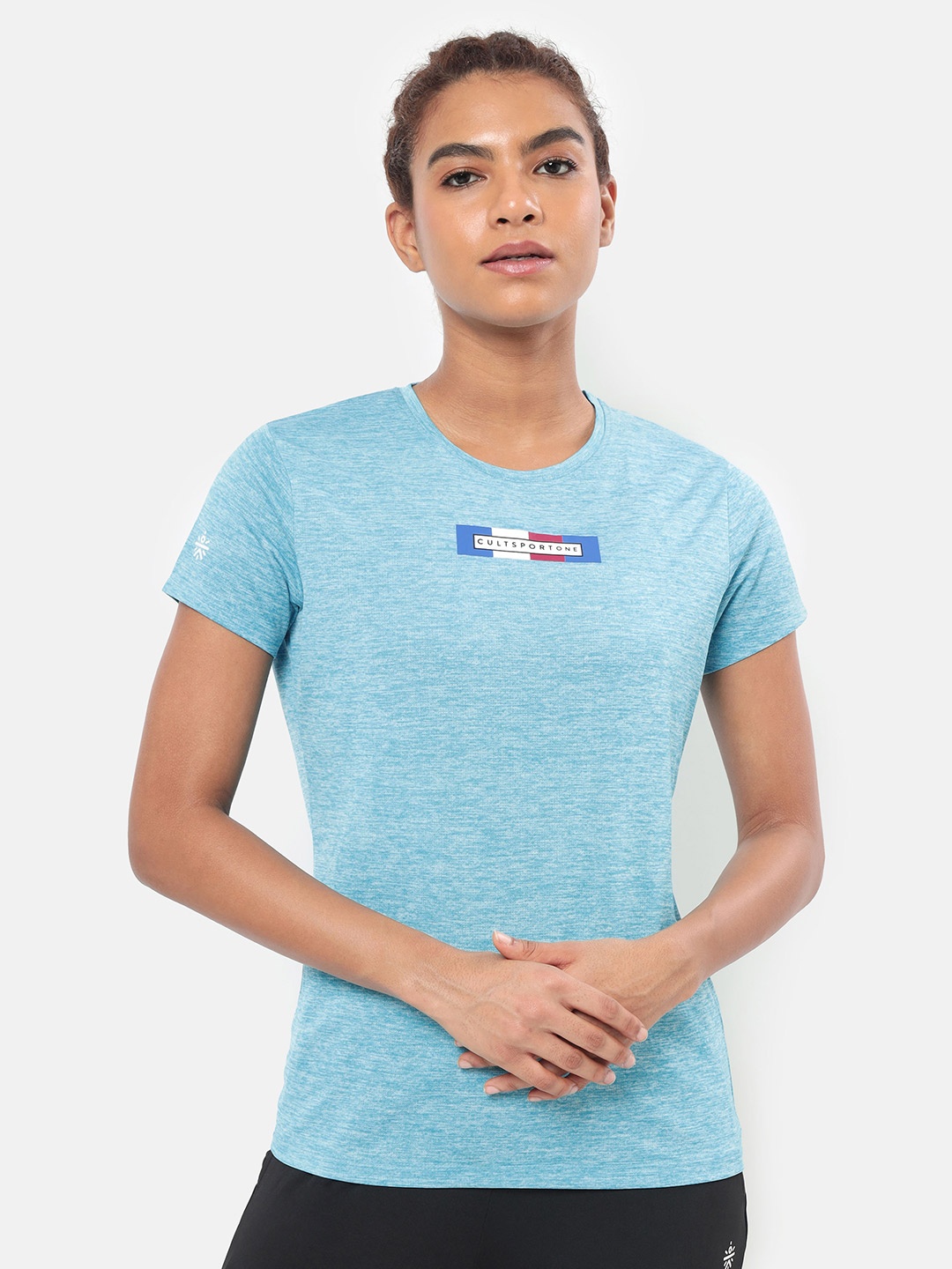 

cultsportone Women Blue Brand Logo Printed Sports T-shirt