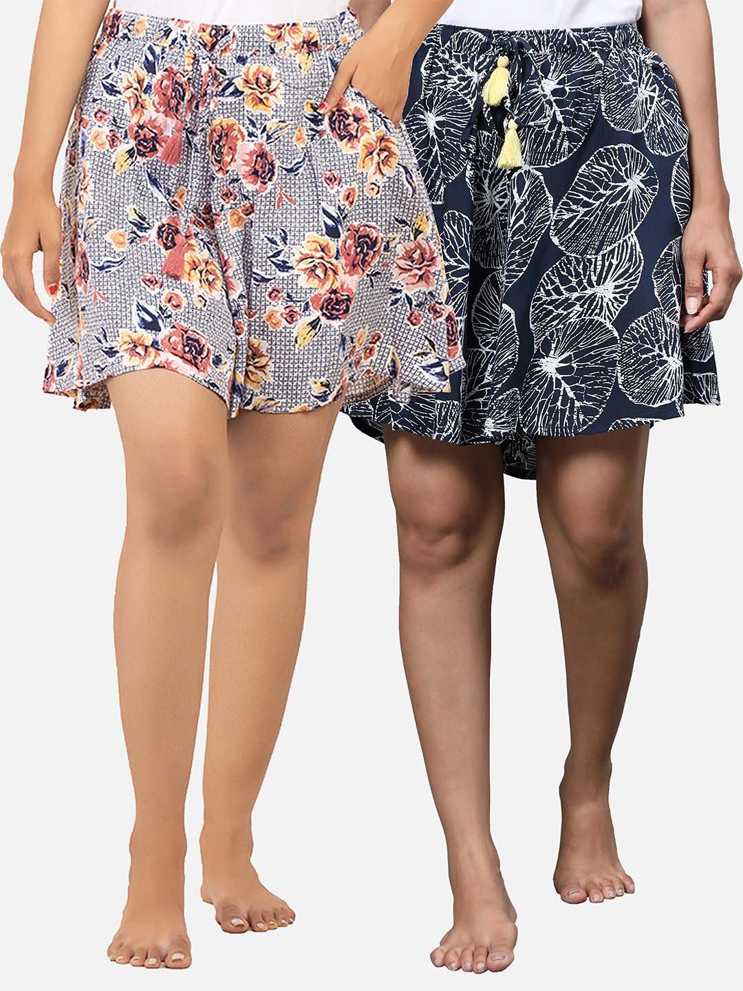 

BStories Women Navy Blue & White 2 Printed Lounge Shorts