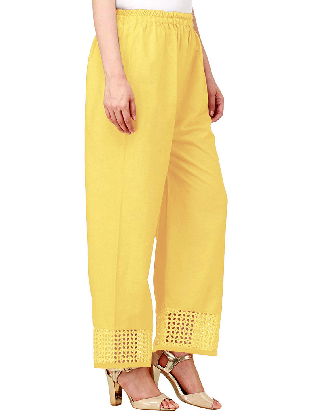 

Vastraa Fusion Women Ethnic Embroidery Lace Detail Pure Cotton Straight Palazzos, Yellow