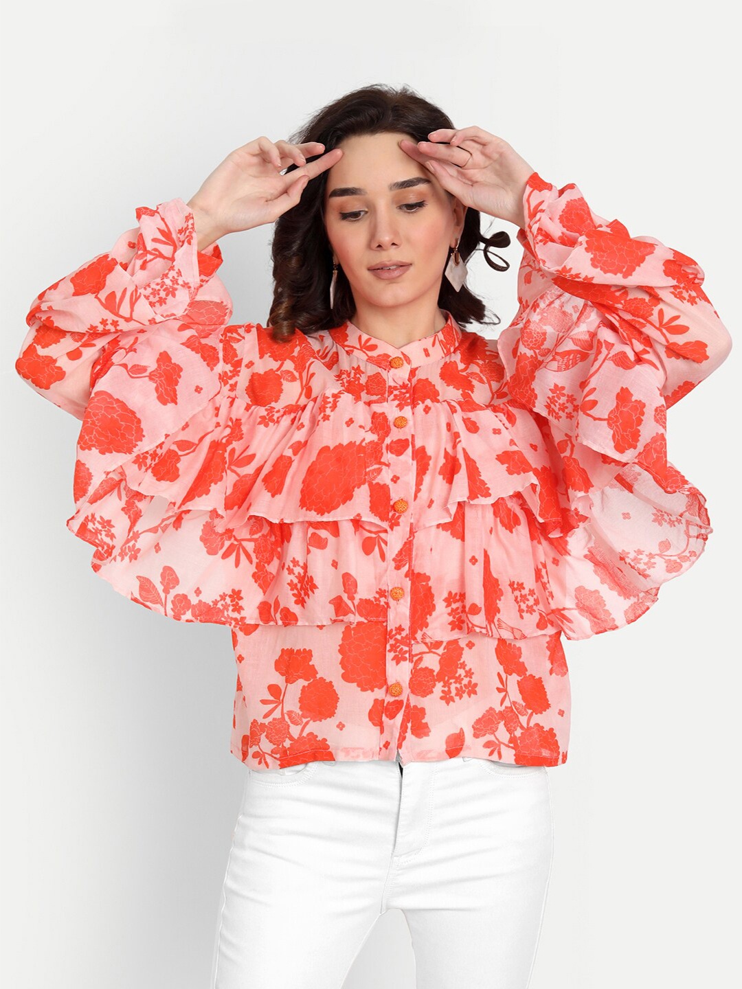 

KAPASRITI Orange Floral Print Mandarin Collar Pure Cotton Ruffles Top