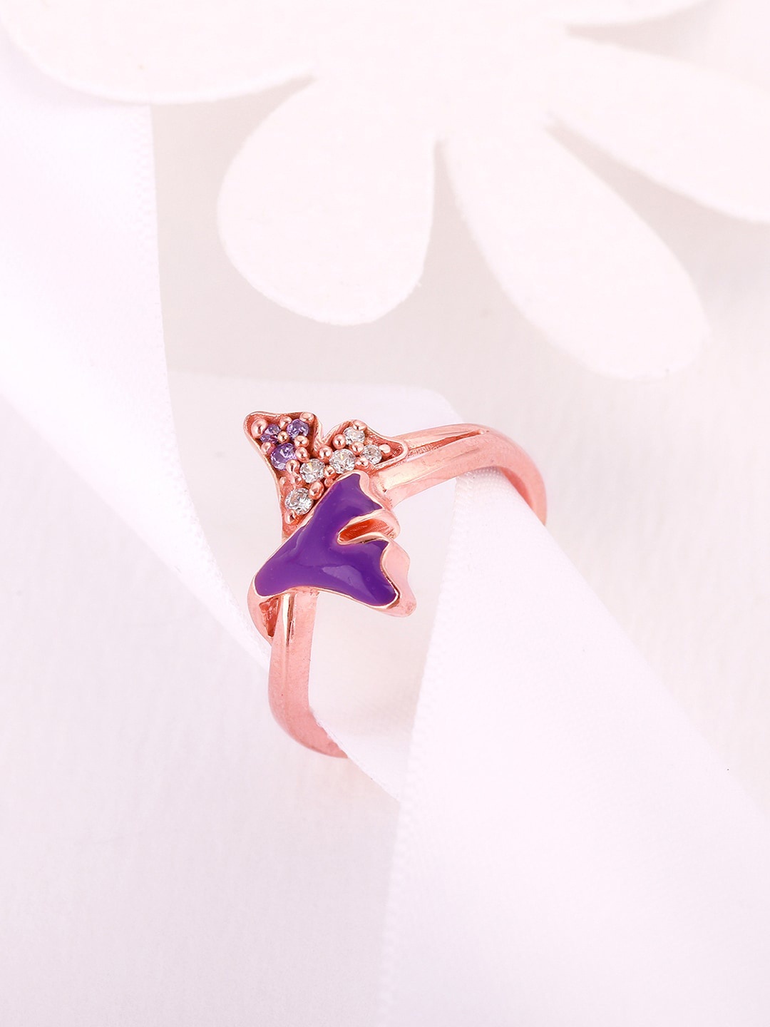 

GIVA Rose Gold-Plated Purple & White Artificial Stone Studded Sterling Silver Finger Ring