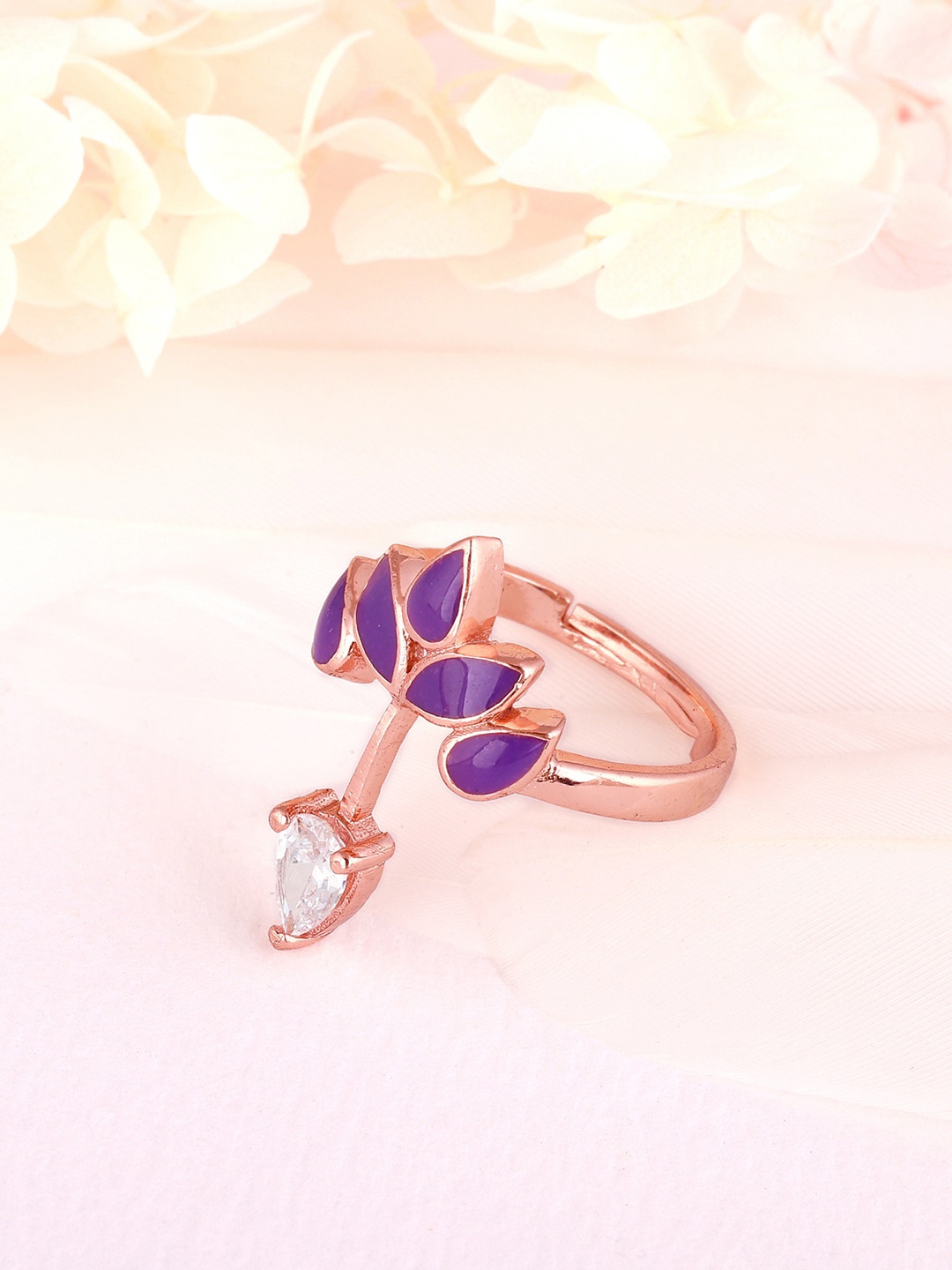 

GIVA 925 Sterling Silver Rose Gold-Plated Purple & White CZ Studded Adjustable Finger Ring