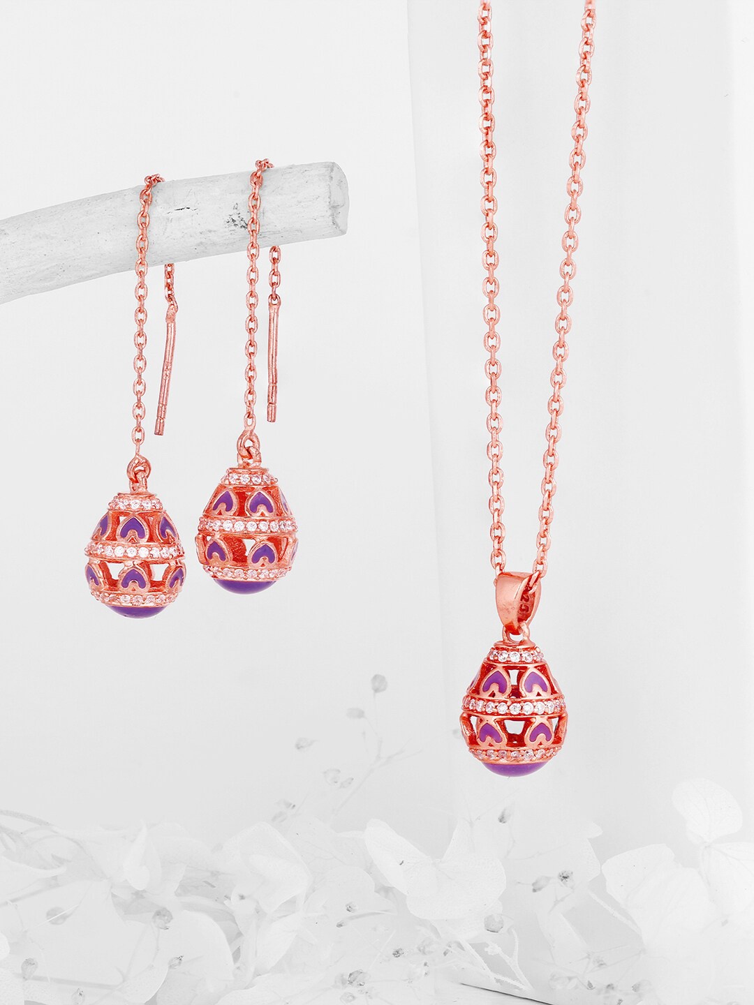 

GIVA Rose Gold-Plated Purple & White Studded Sterling Silver Jewellery Set