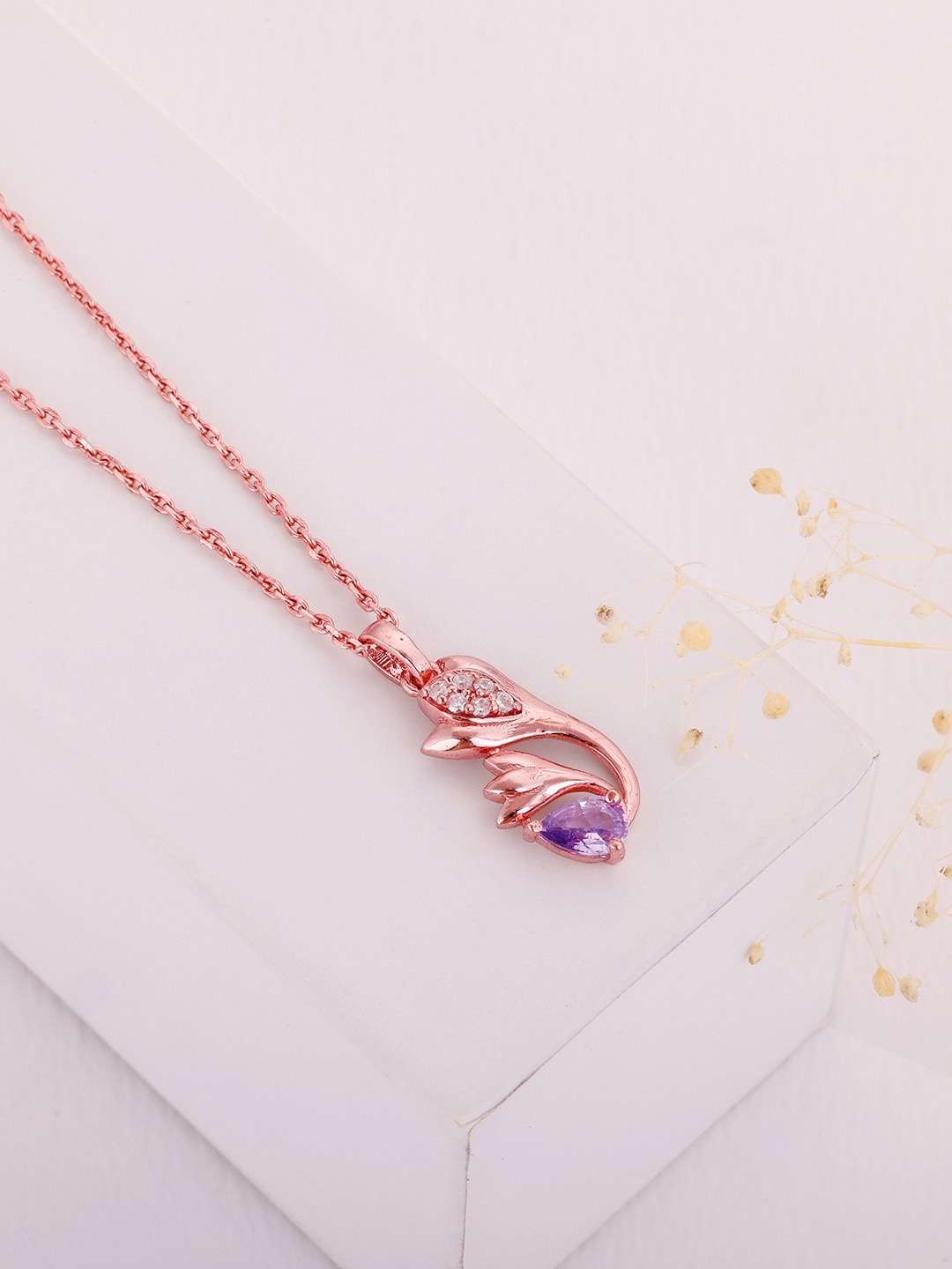 

GIVA Rose Gold-Plated Purple & White Studded Sterling Silver Pendant With Chain