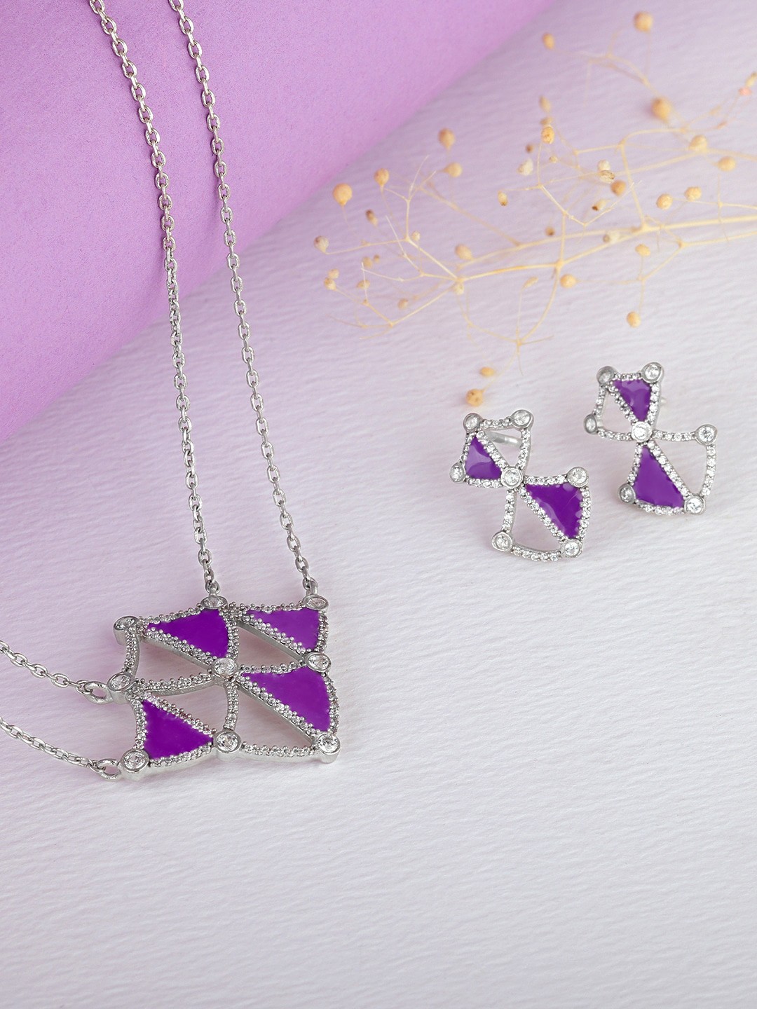 

GIVA Rhodium-Plated Purple & White Studded Sterling Silver Jewellery Set