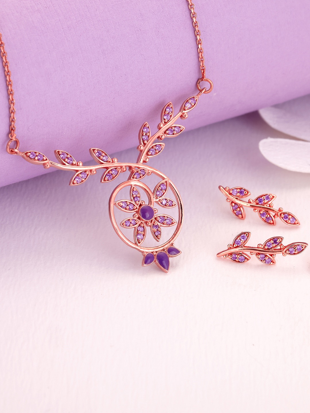 

GIVA 925 Sterling Silver Rose Gold-Plated Purple Stone Studded Jewellery Set