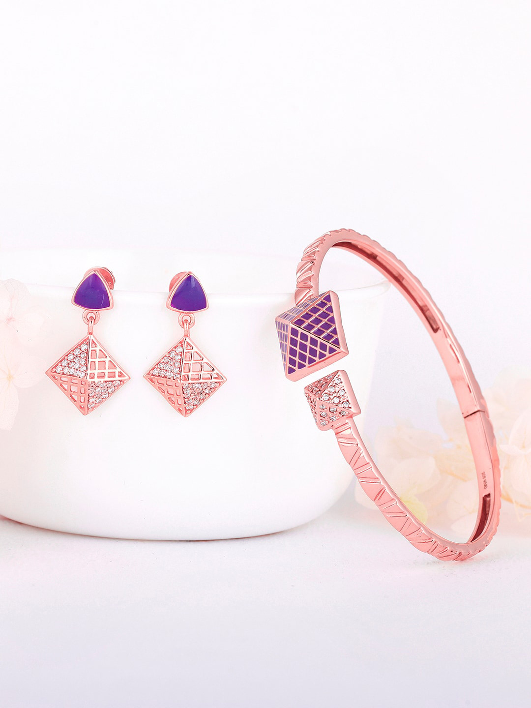 

GIVA 925 Sterling Silver Rose Gold-Plated Purple & White Stone Studded Jewellery Set