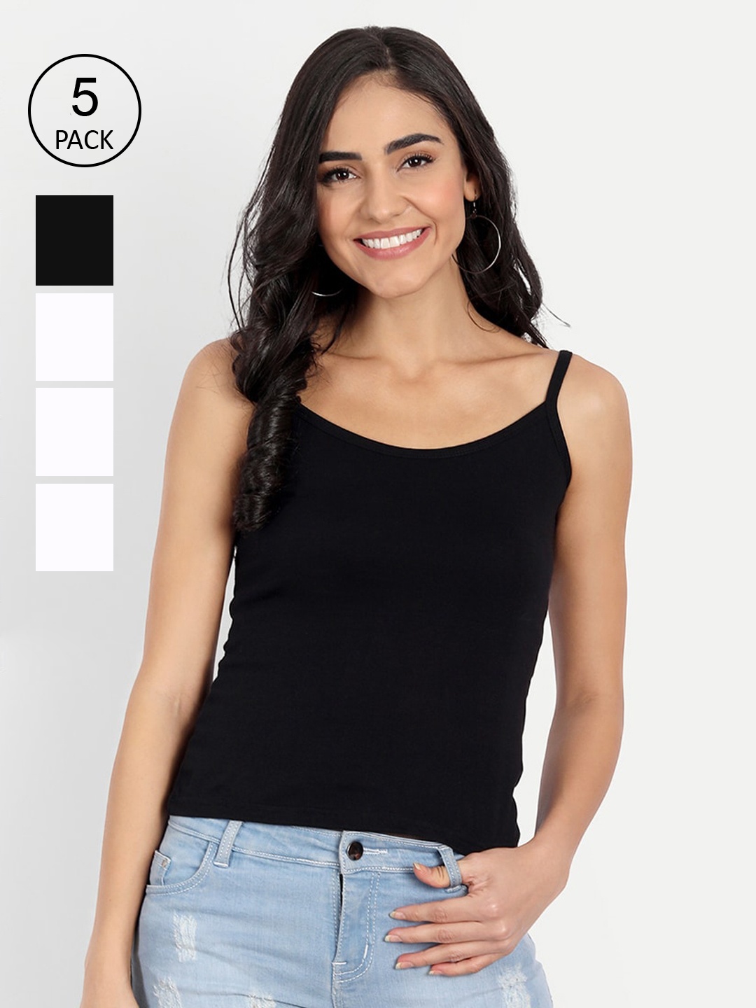 

BLAZON Women Pack of 5 Solid Cotton Camisoles, Black